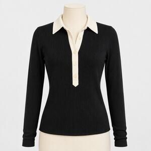 Rag & Bone The Knit Colorblock Polo Women's Med Black Ivory Ribbed Long Sleeve